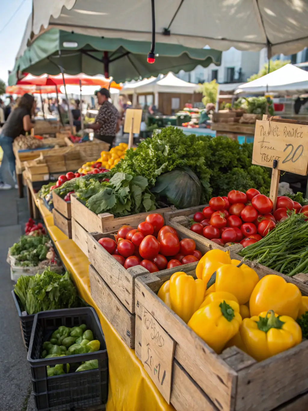 A bustling farmers market scene with vendors selling local produce, crafts, and souvenirs. The image should capture the vibrant atmosphere and showcase the region's unique shopping opportunities.