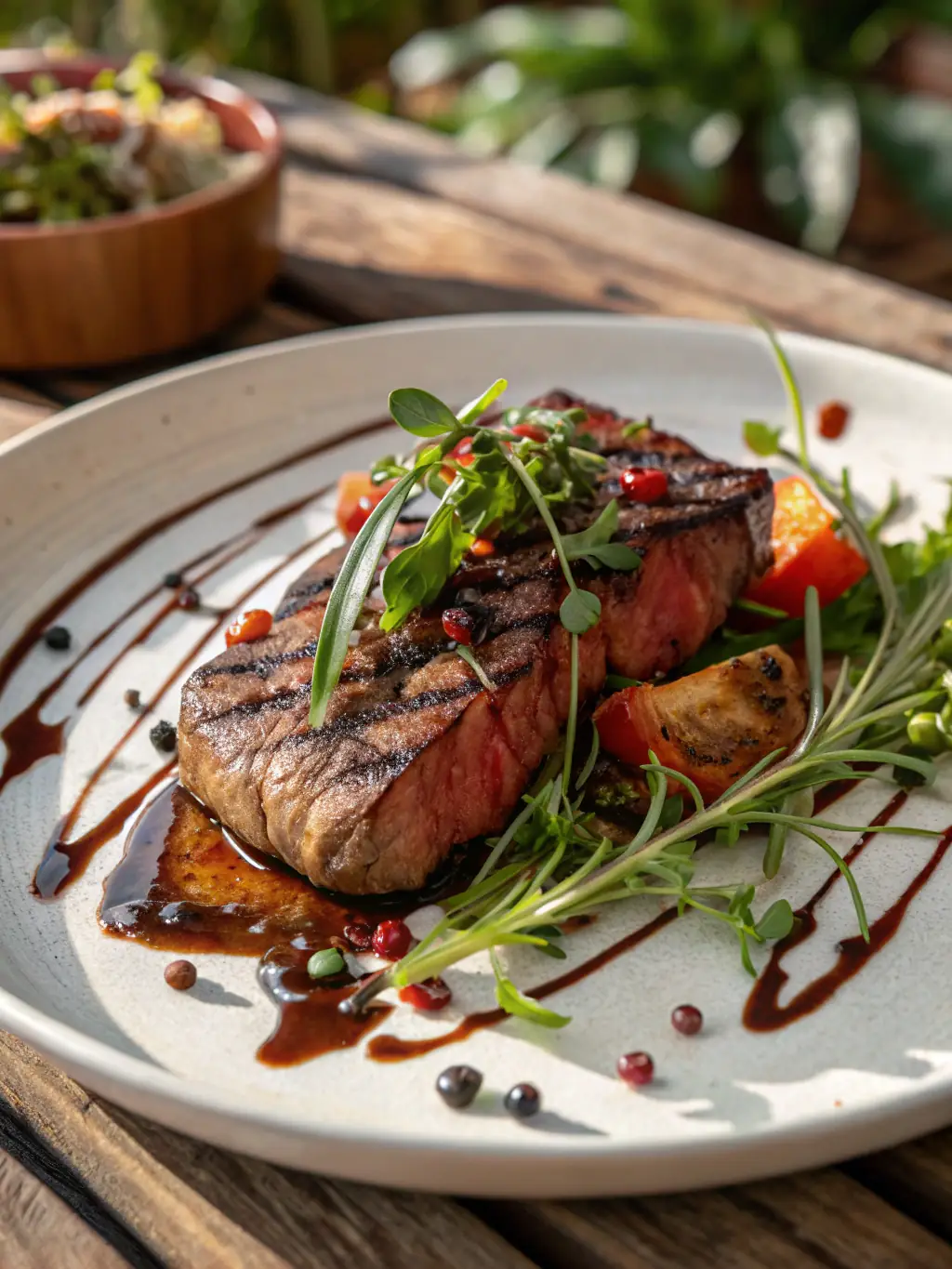 A close-up shot of a perfectly grilled Alberta steak, garnished with fresh herbs and served with locally sourced vegetables. The image should evoke a sense of culinary delight and showcase the region's food scene.